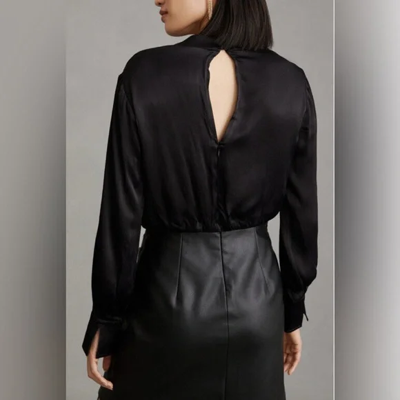 Maeve Anthropologie Black Satin and Vegan Leather Mini Dress. Cowl neck. Size 16 - Picture 3 of 16